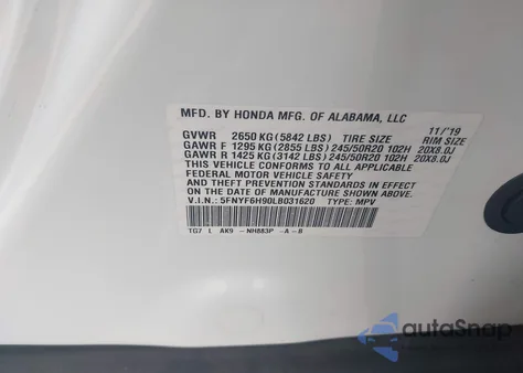 2020 Honda Pilot Awd Touring 8 Passenger from USA, damaged, VIN 5FNYF6H90LB031620